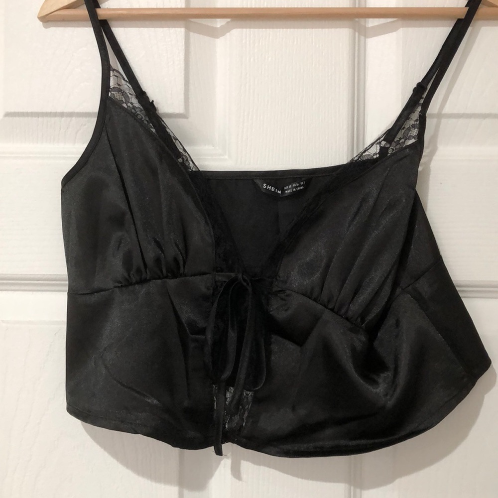 Lace Trim Knot Front Peplum Satin Cami Top